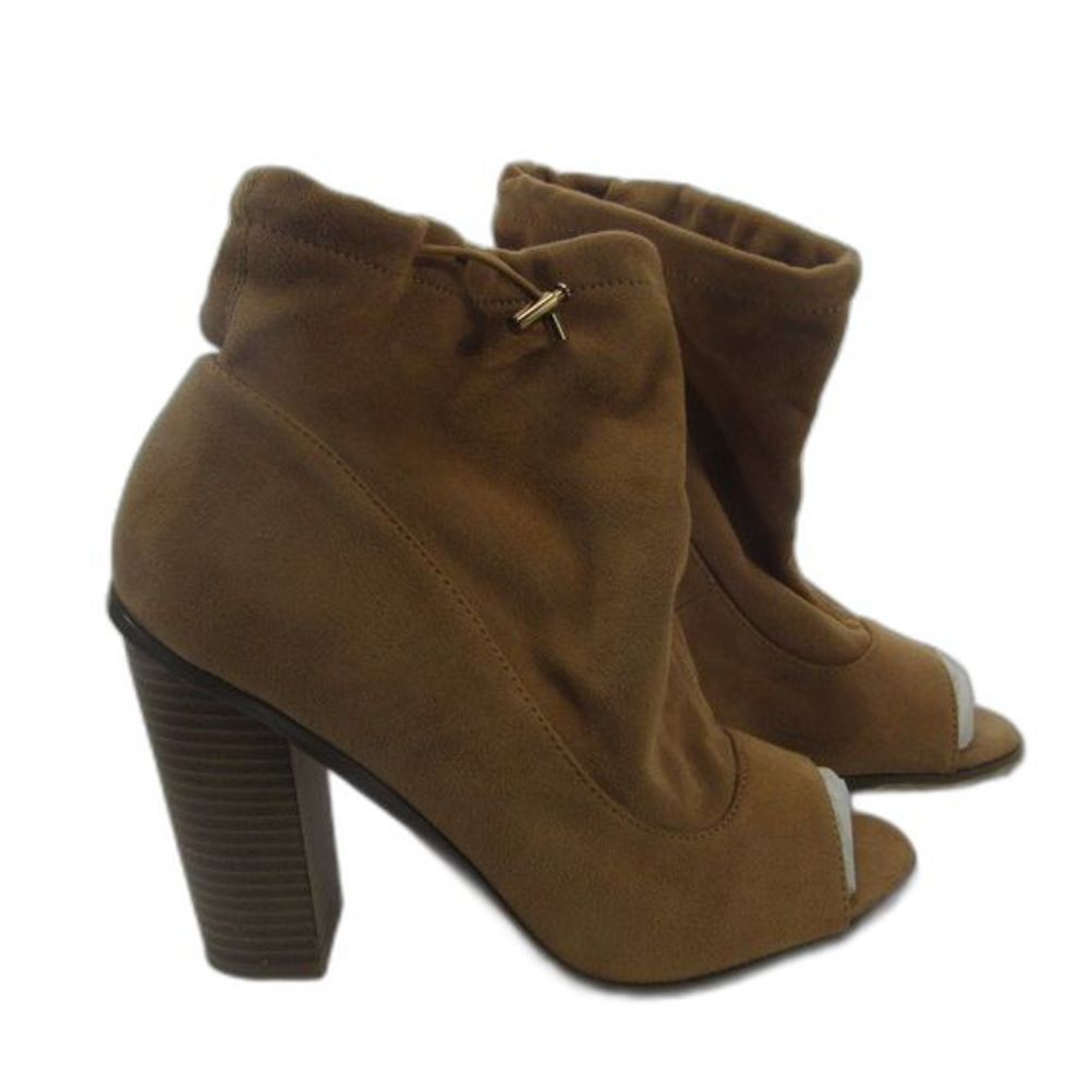 Shoe dazzle Women's tan suede open toe booties 8.5 with cinch cord